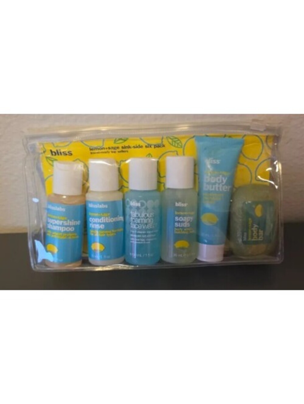 BLISS LEMON SAGE SINKSIDE SIX PACK TRAVEL SIZE BATH & BODY SET WITH BAG NIB